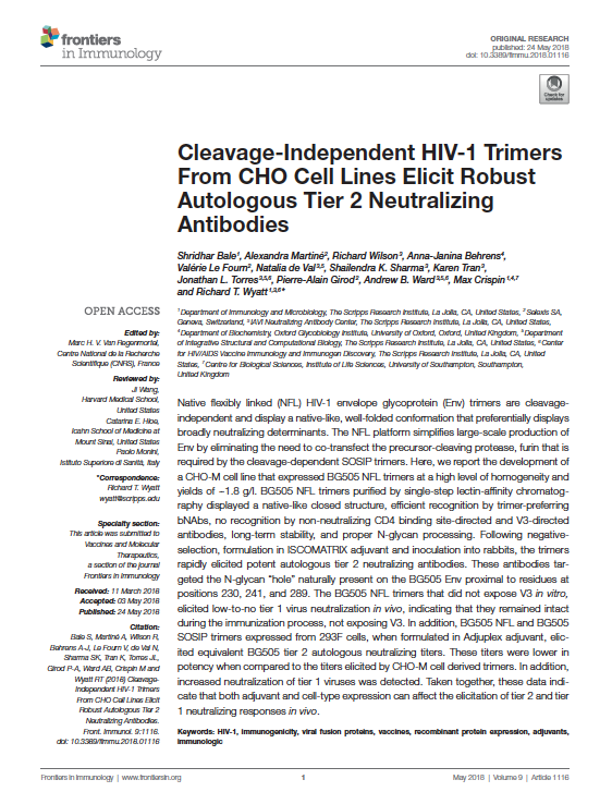 Scientific Publications thumbnail Cleavage-Independent HIV-1 Trimers From CHO Cell Lines Elicit Robust Autologous Tier 2 Neutralizing Antibodies